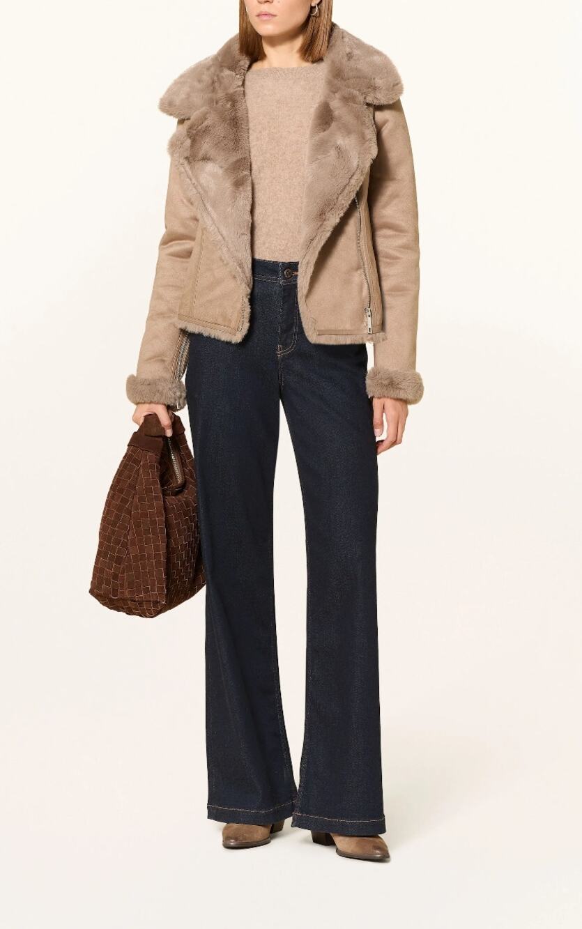 ZARA Vtg Cropped Tan Shearling MicroSuede Zip Moto Jacket L Cozy Neutral Casual
